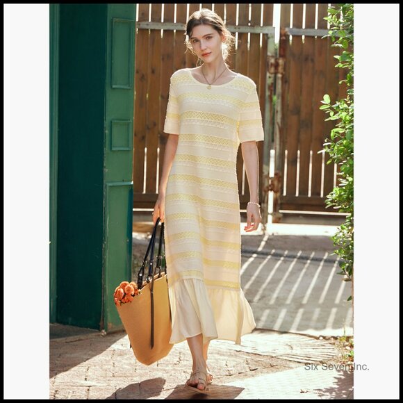 Striped Knitted Midi Dress, Viscose Nylon Blend, Casual Bohemian - Picture 7 of 7